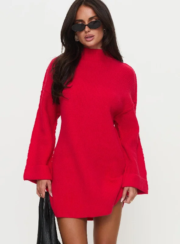 Weslie Long Sleeve Knit Mini Dress Red