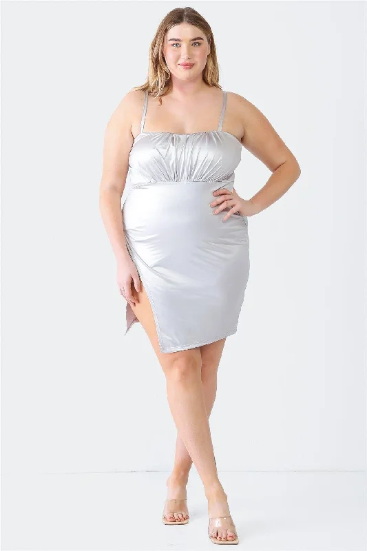 Plus Size Satin Sleeveless Strappy Wrap Hem Mini Dress