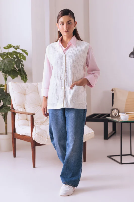 WHITE-SANDO V-NECK CARDIGAN SWEATER (24X-174-66)