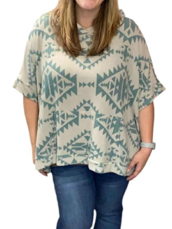 Aztec Hoodie Poncho In Teal