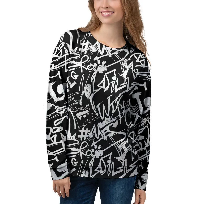 Black And White Graffiti Doodle Text Print Women's Sweatshirt