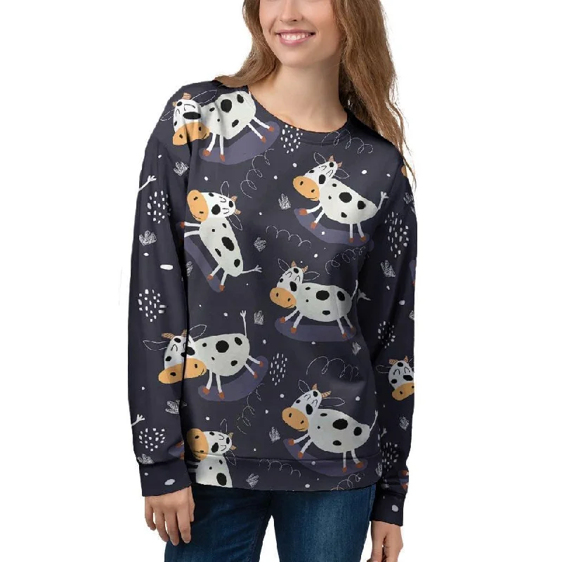 Black Cartoon Cow Print Women's Sweatshirt