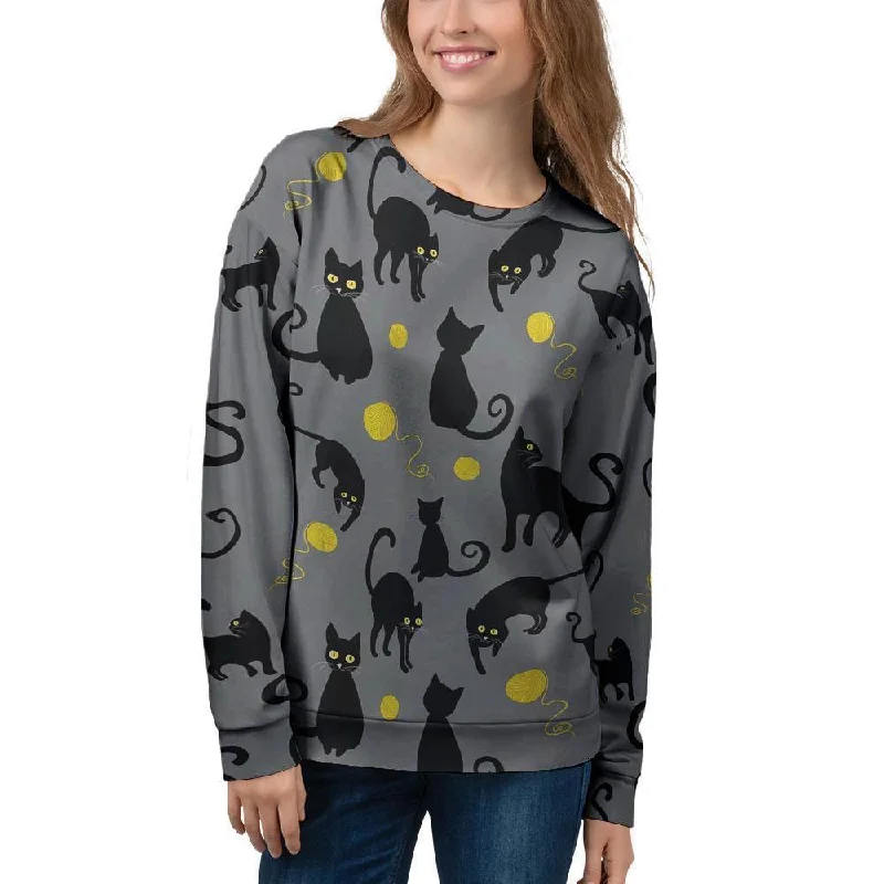 Black Cat Knit Print Women's Sweatshirt