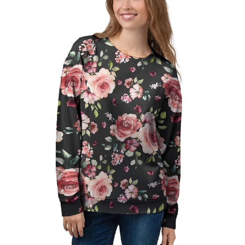 Black Pink Rose Flower Print Women's Sweatshirt