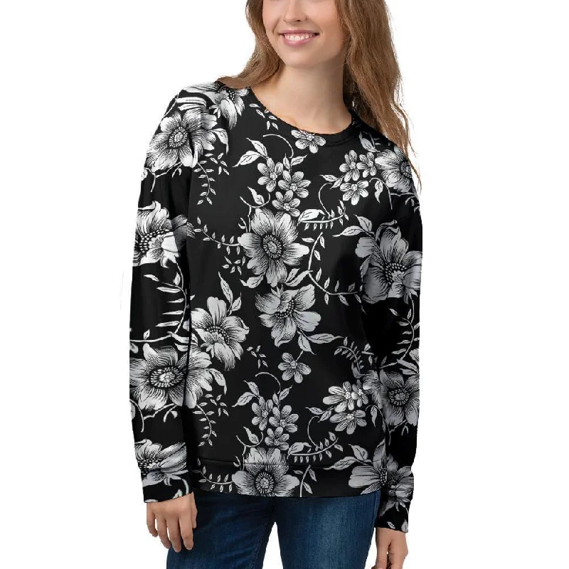 Black White Floral Print Women's Sweatshirt