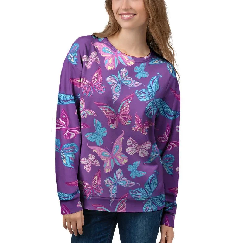 Blue And Pink Butterfly Print Women's Sweatshirt