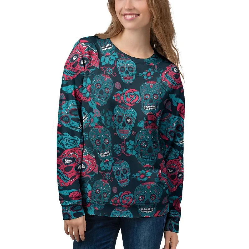 Blue And Red Floral Sugar Skull Women's Sweatshirt