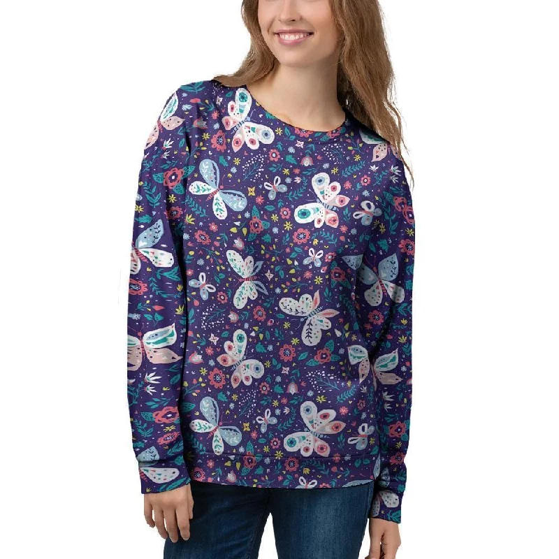 Blue Butterfly Floral Print Women's Sweatshirt