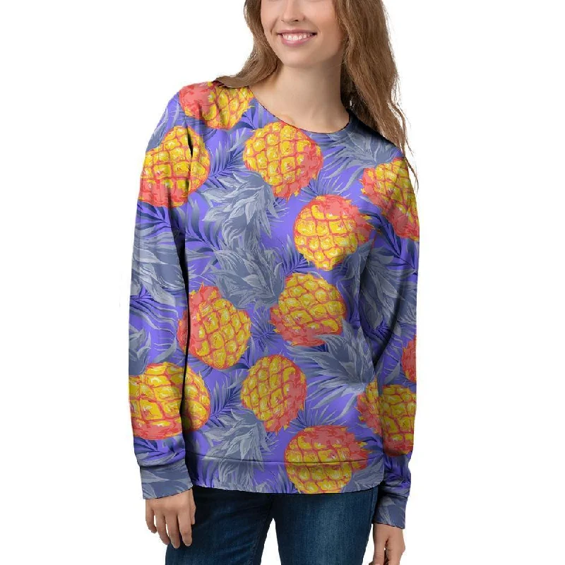 Blue Neon Pineapple Hawaiian Print Women's Sweatshirt