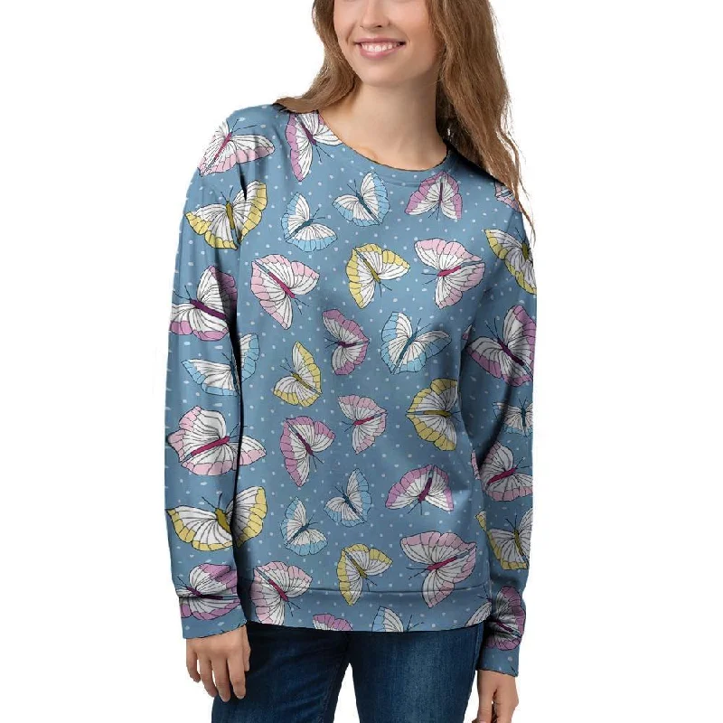 Blue Polka Dots Butterfly Print Women's Sweatshirt