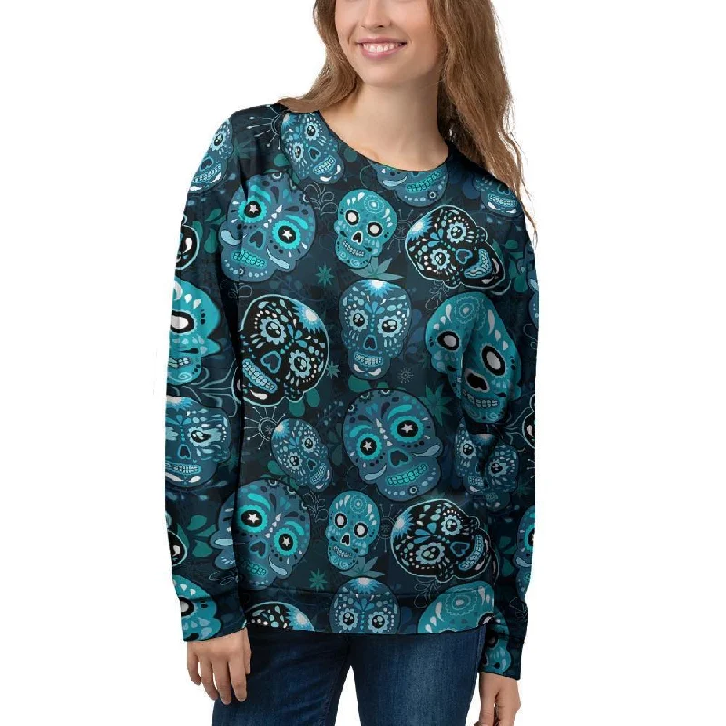 Blue Sugar Skull Print Women's Sweatshirt