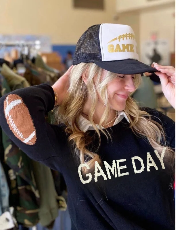 Classic Gameday Sweater with Football Elbows in Black