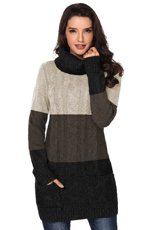 Colorblock Cowl Neck Cable Knit Sweater Dress