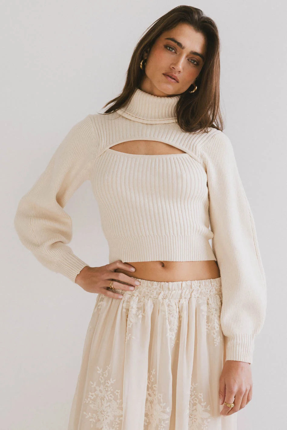 Cut Out Turtleneck Sweater in Cream