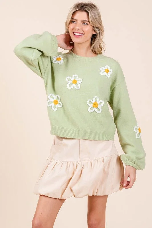 Geegee Floral Embroidered Solid Knit Sweater