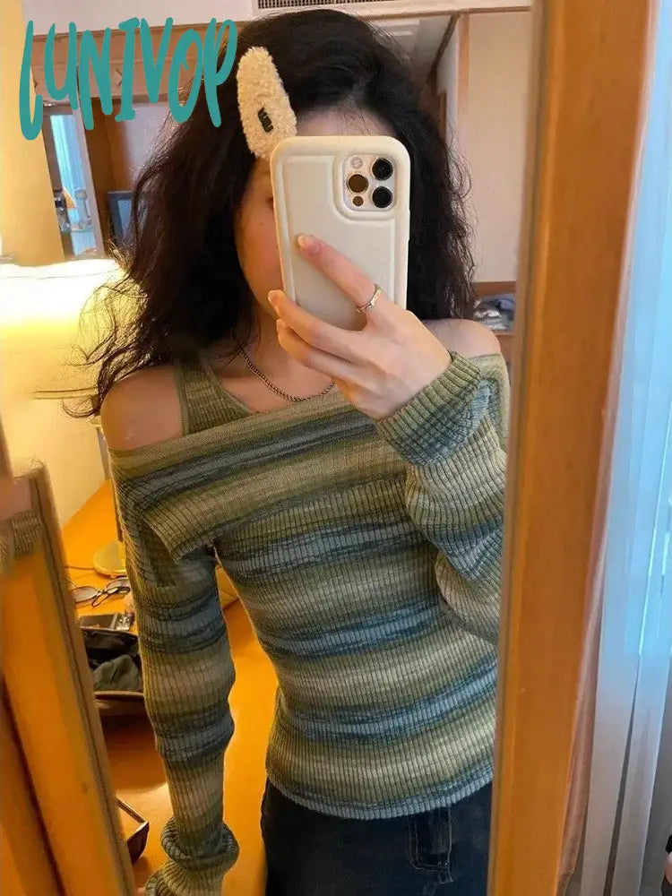 Lunivop Harajuku Off Shoulder Knitted Sweater Women Vintage Green Striped Jumper Fairycore Slim Two Piece Sets Y2K Tops E-girl