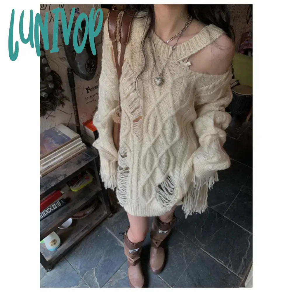 Lunivop Y2k Vintage Beige Knit Sweater Women Grunge Harajuku Irregular Off Shoulder Jerseys Hollow Out Hippie Streetwear Jumper