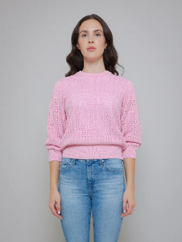 Puff Sleeve Tile Stitch Crew Sweater - Peppermint