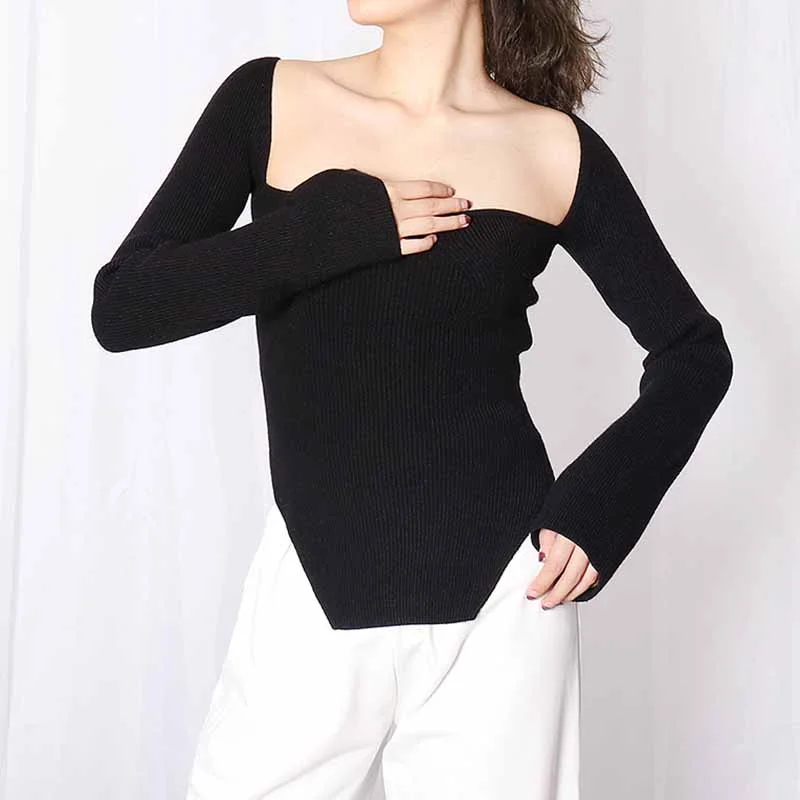 Square Neck Ribbed Knitted Sweater Long Sleeve Slim Fitted Tops