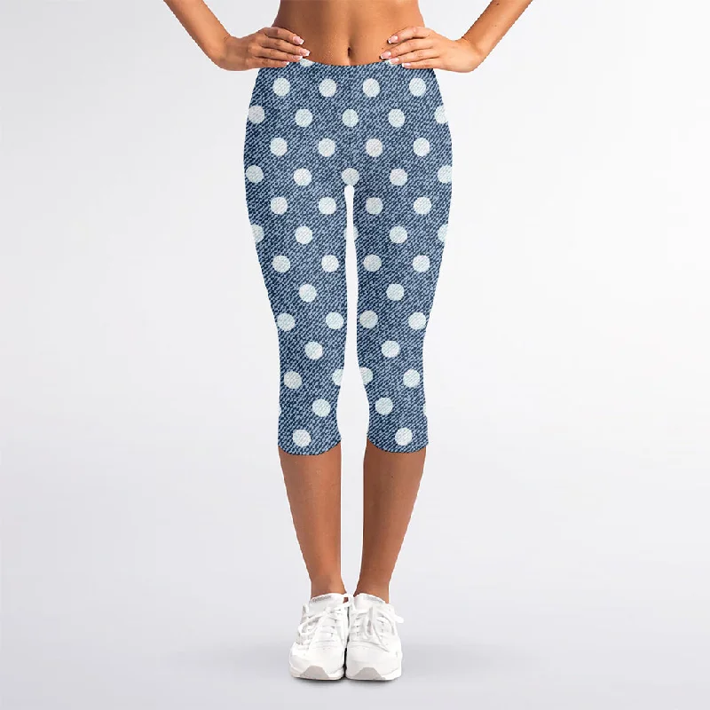 Polka Dot Denim Jeans Pattern Print Women's Capri Leggings