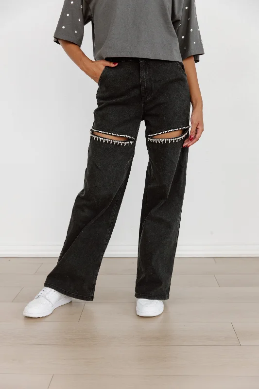 RIPPED TO PERFECTION RHINESTONE JEANS IN BLACK