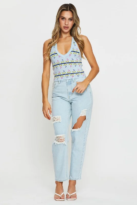 Blue High Rise Jeans Mom Denim