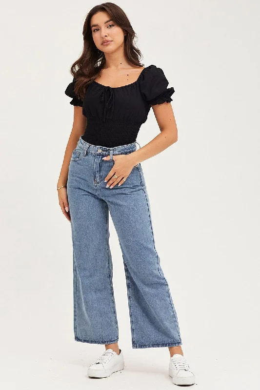 Blue Wide Leg Denim Jeans High Rise