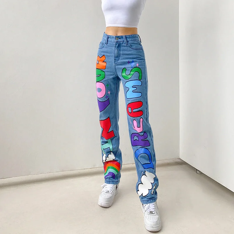 DressBetty - High Waist Print Graffiti Jeans