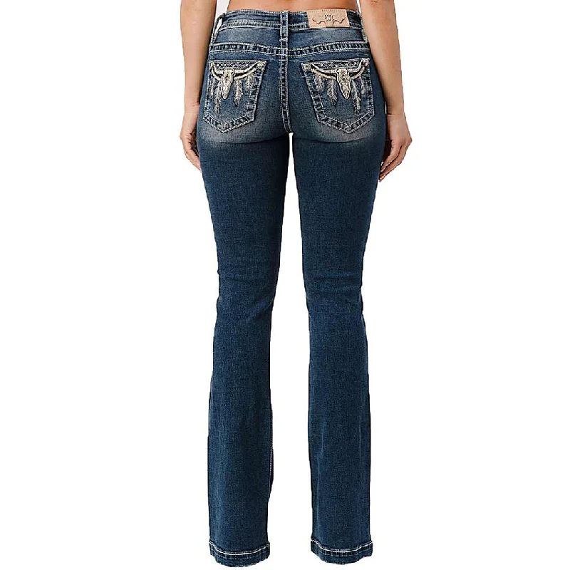 Miss Me Women's Feather Steer Head Bootcut Jeans