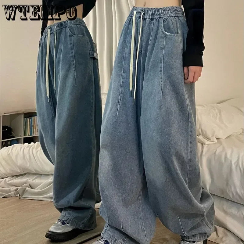 Spring Women Vintage Baggy Jeans Elastic Waist Oversized American Trouser