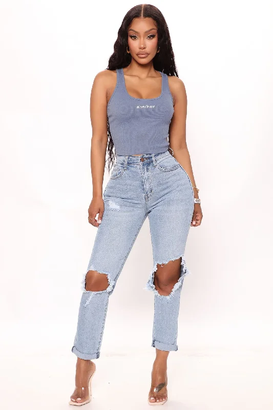 Tabloid Starlet Ripped Mom Jeans - Light Blue Wash