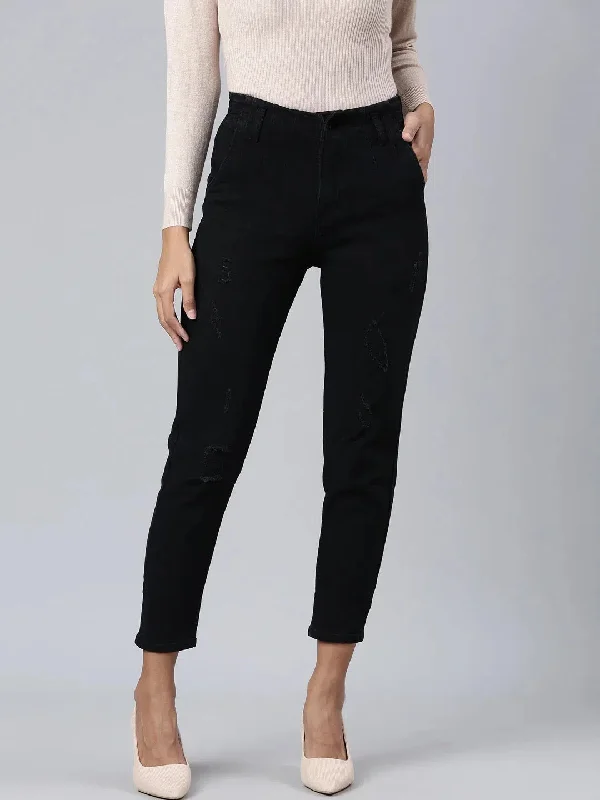 Women Black Solid Mom Fit Denim Jeans-GZ-5585-Black