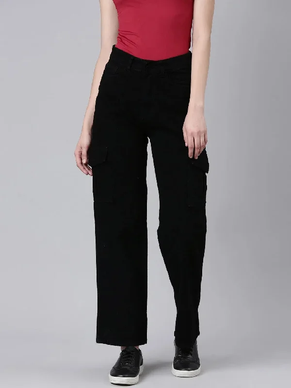 Women Black Solid Wide Leg Denim Jeans-GZ-5778-Black