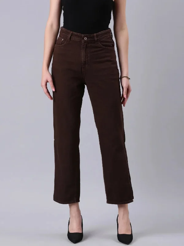 Women Brown Solid Wide Leg Denim Jeans-GZ-5594-Brown