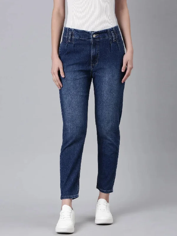 Women Navy Blue Solid Mom Fit Denim Jeans-GZ-5492-Navyblue