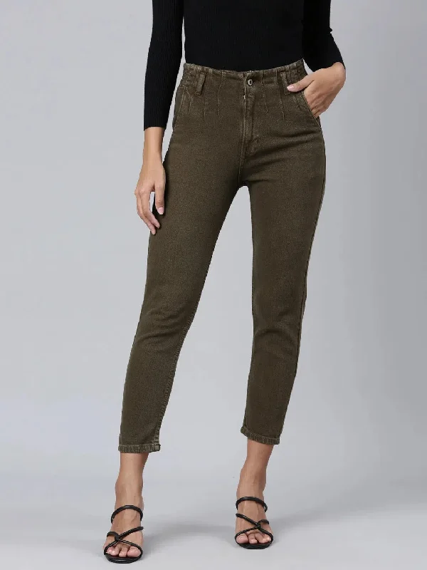 Women Olive Solid Mom Fit Denim Jeans-GZ-5567-Olive