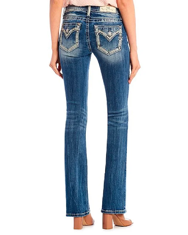 Women's Destructed Embellished Stitch Floral Bootcut Jeans