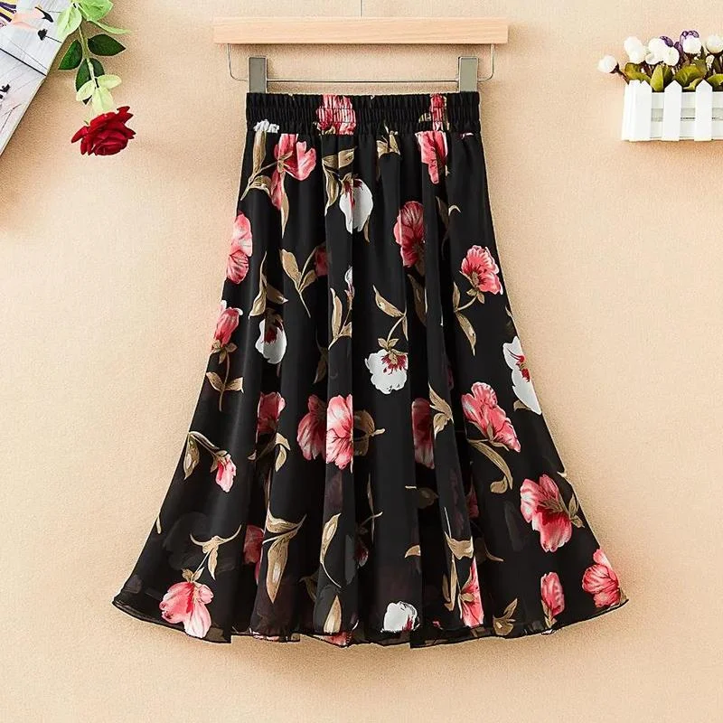 Floral Chiffon Skirt Female Summer Mid-length High-waist Print Big Swing Fairy Skirt Ladies Small Short Skirt Thin