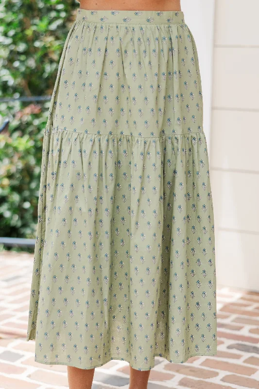 More Than You Know Pistachio Green Floral Midi Skirt