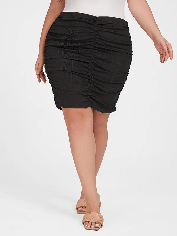 Plus Black Ruched High Waist Skirt