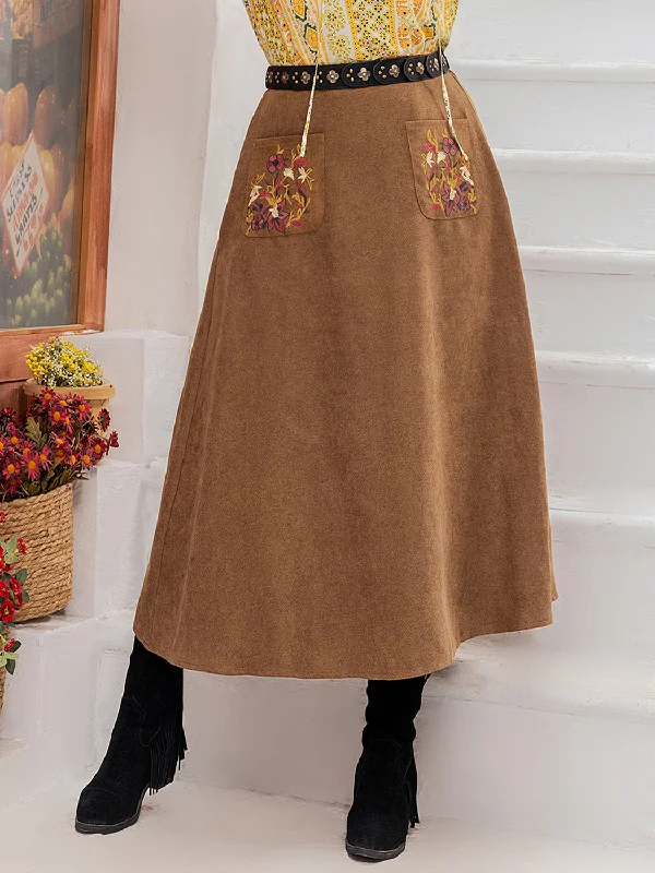 Embroidered Pocketed High Waist Skirt