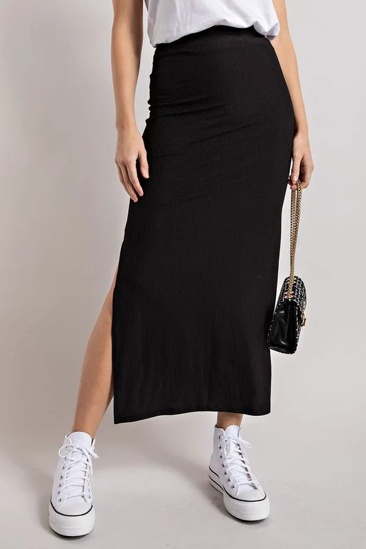 RIBBED KNIT MIDI SKIRT WITH SLIT