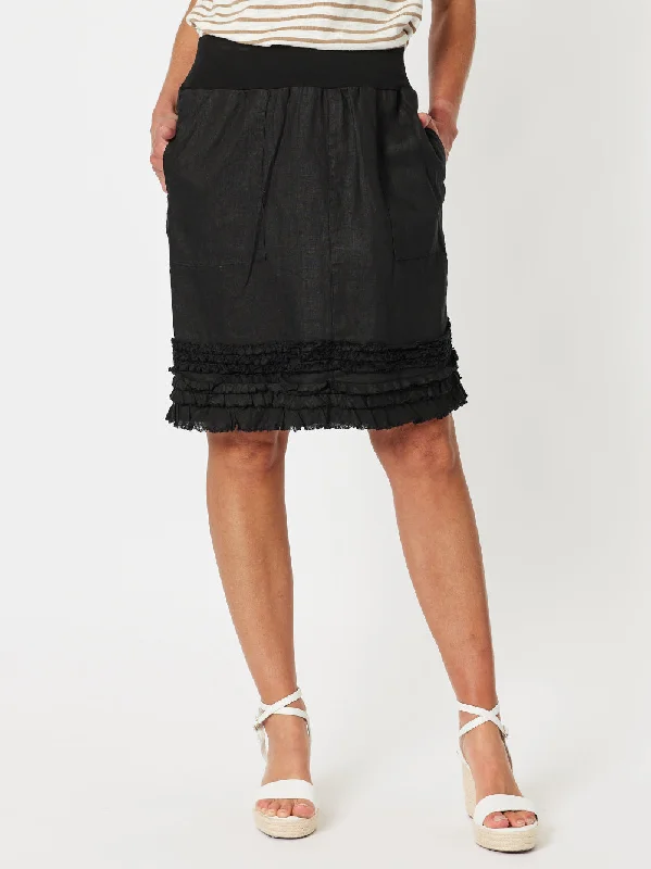 Mimi Linen Ruffle Hem Skirt - Black