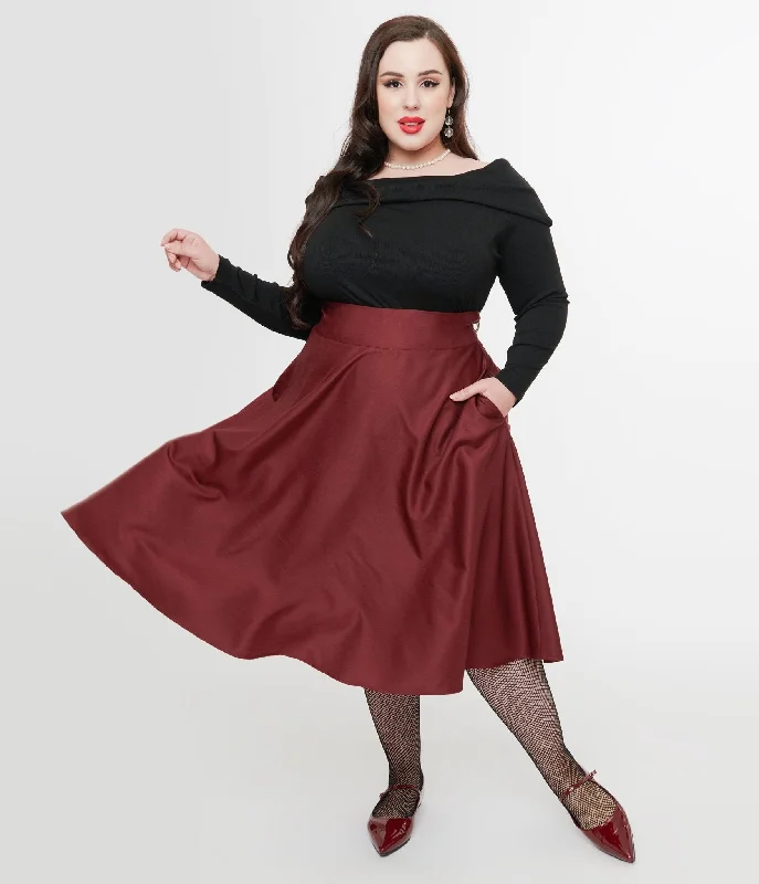 Unique Vintage Plus Size 1950s Burgundy High Waist Vivien Swing Skirt