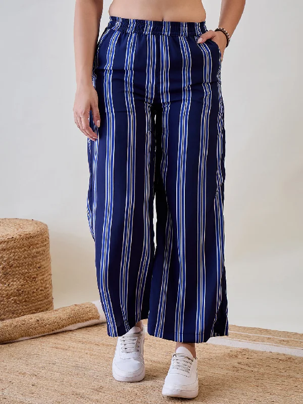 Women's Blue Crepe Stripes Pant - The Kaftan Company