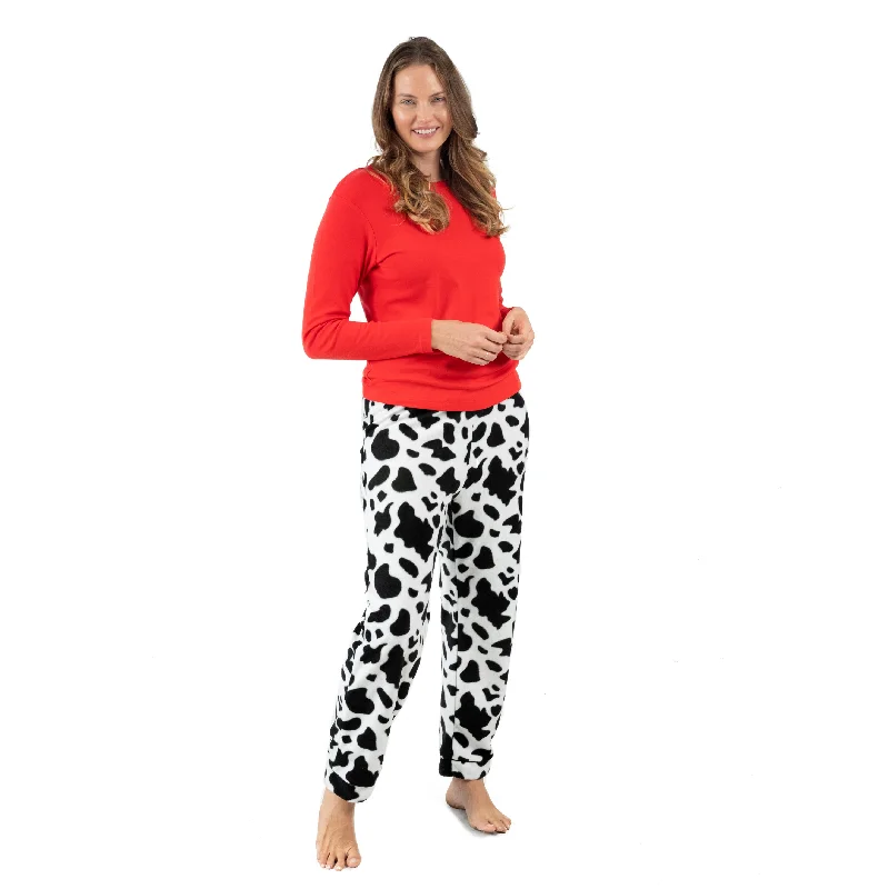 Womens Cotton Top and Fleece Pant Pajamas Cow Black