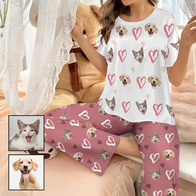 Custom Women's Pocket Short Sleeve&Long Pants Silk Satin Pajama Sets Personalized Face Heart Nightwear Set